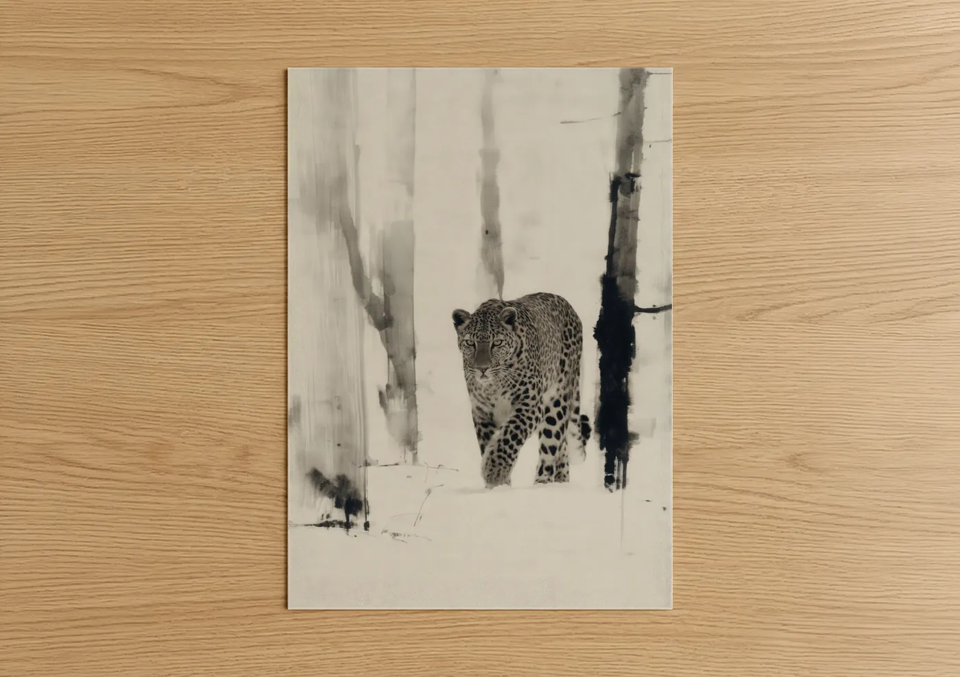 Art print on warm oak wood — black and white and gray palette — Snowy Leopard poster