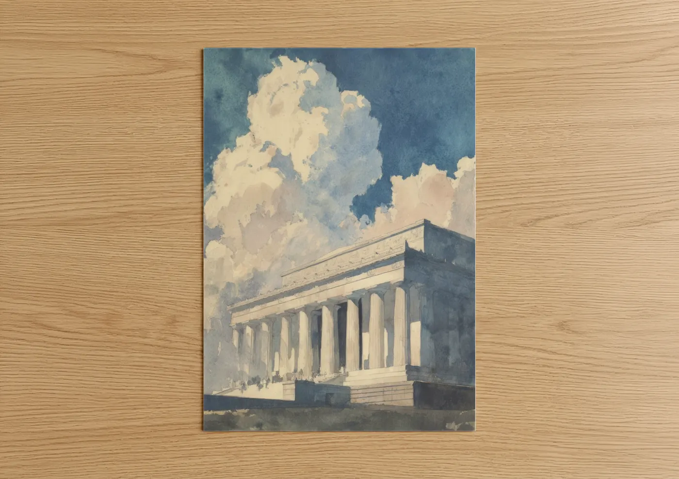 Lincoln memorial art print on warm oak wood — blue and cream palette — Neoclassical Monument poster