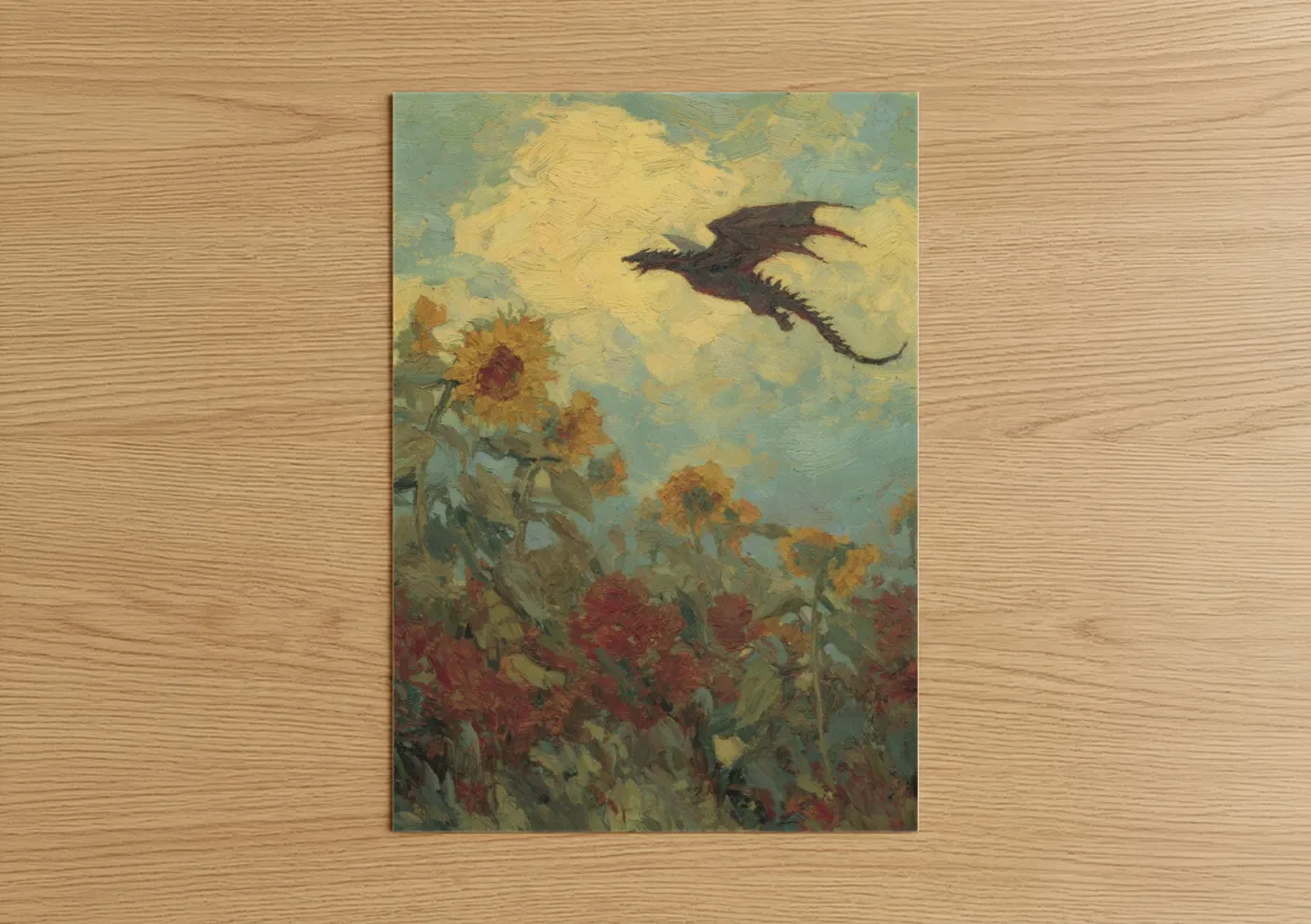 Dark Dragon Over Golden Sunflower Field Wall Art