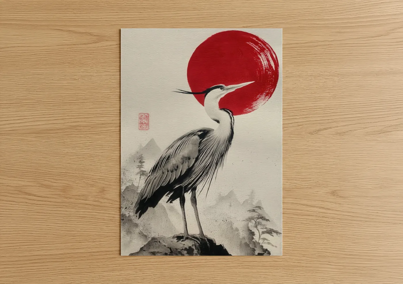 Crimson Moon Heron Japanese Wall Art