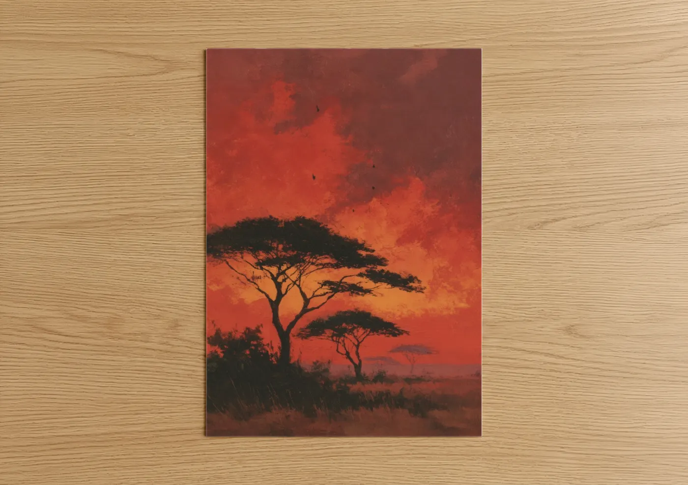 Art print on warm oak wood — red and orange palette — Crimson African Sunset poster