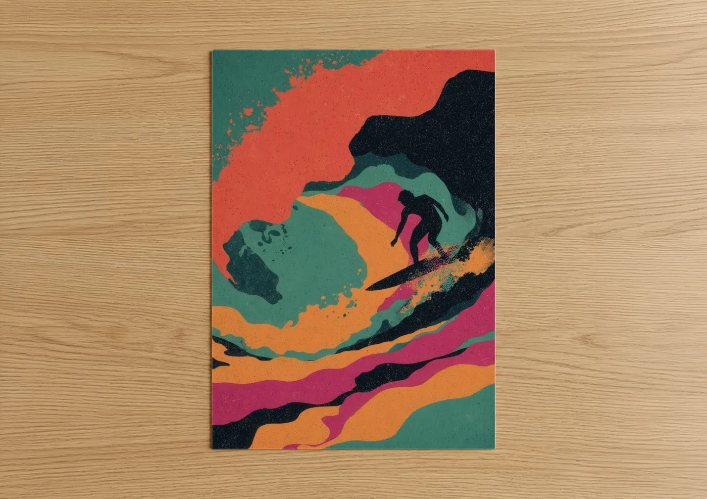 Water surfing art print on warm oak wood — red and teal palette — Colorful Surfer poster