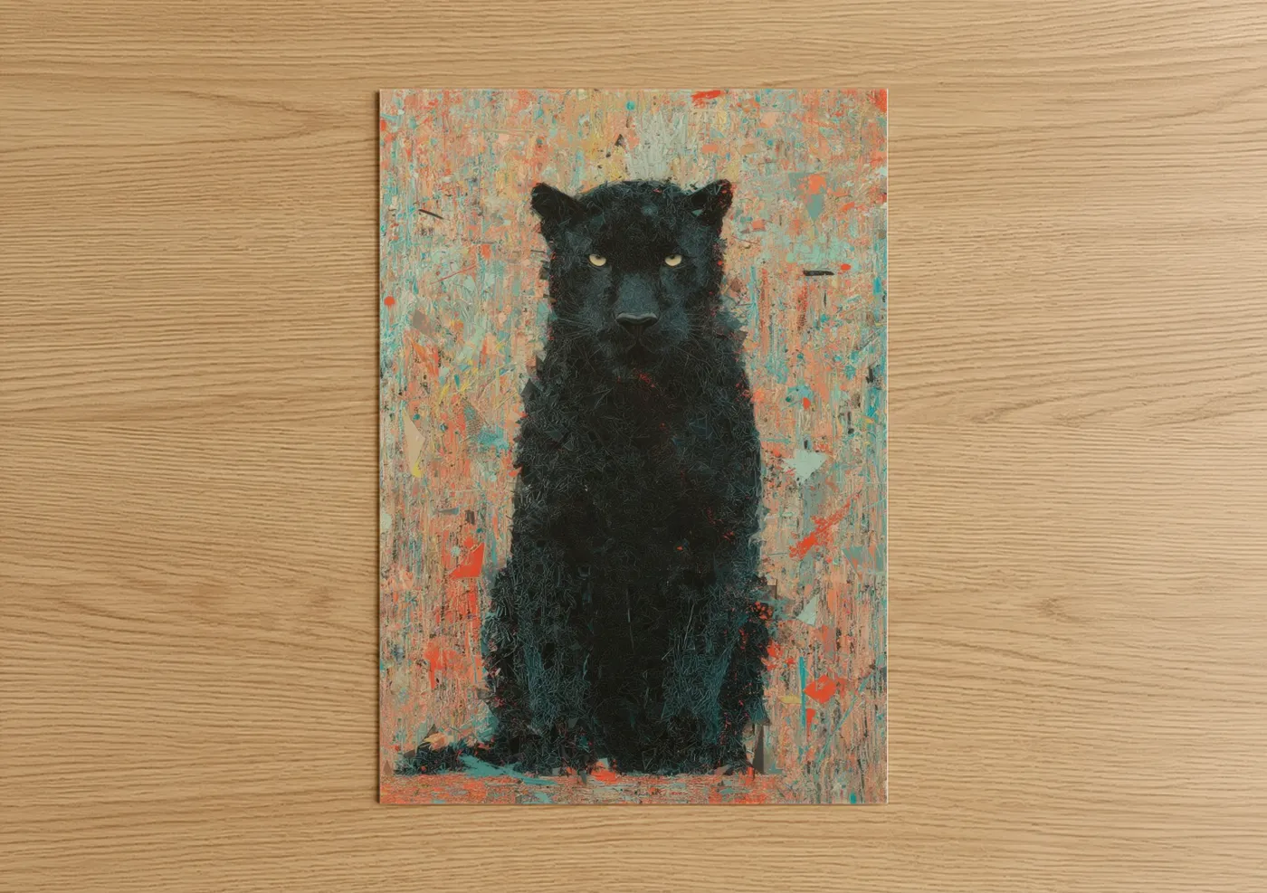 Art print on warm oak wood — black palette — Mystical Panther poster