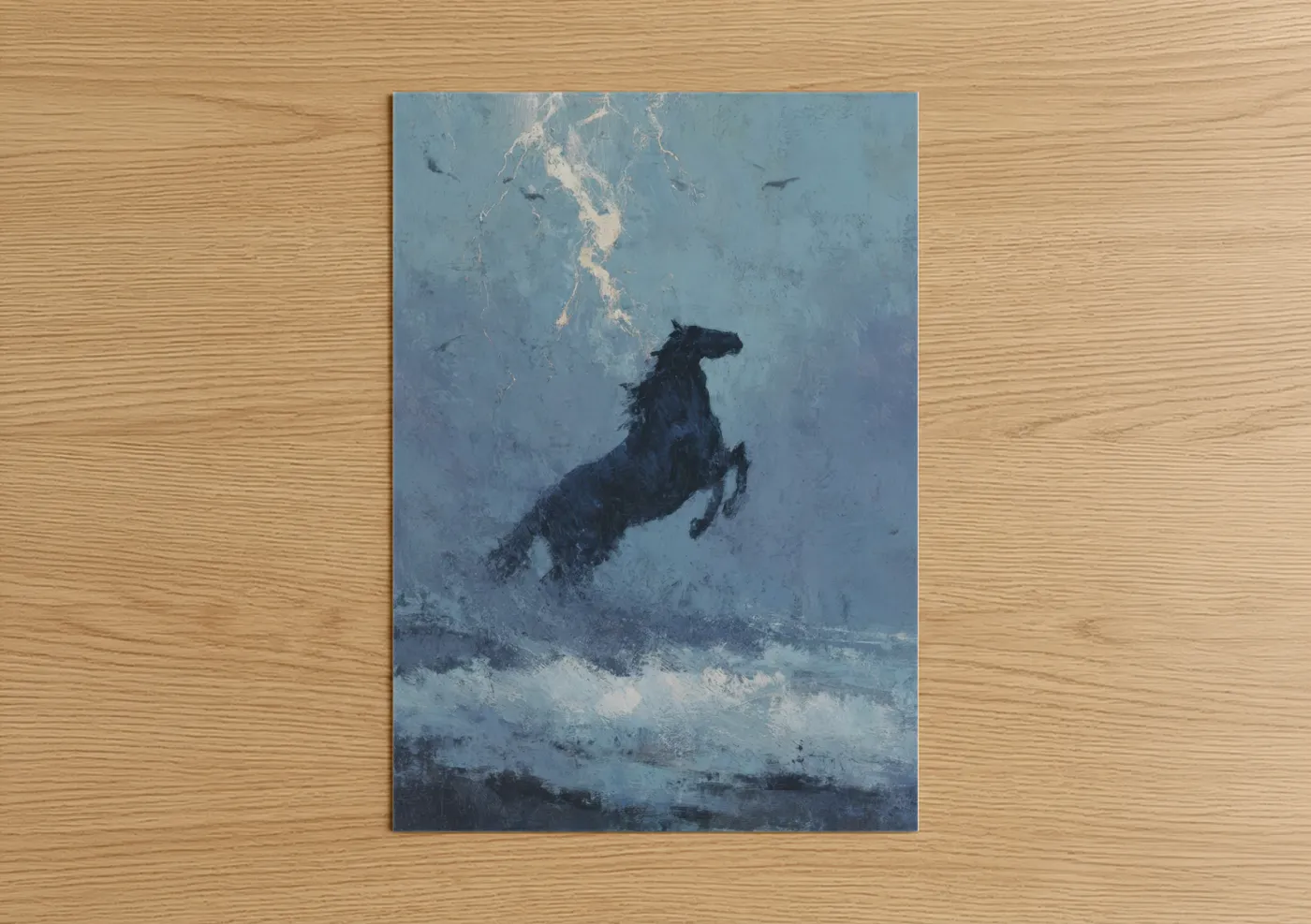 Horseback art print on warm oak wood — blue and white and gray palette — Snowy Stallion poster