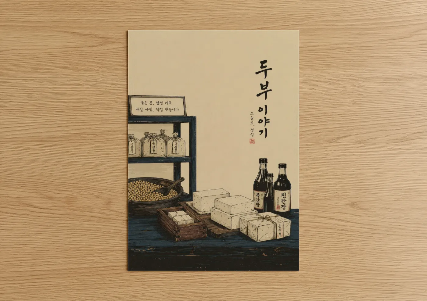 Store art print on warm oak wood — beige and cream palette — Traditional Korean Market Scene Wall Art poster
