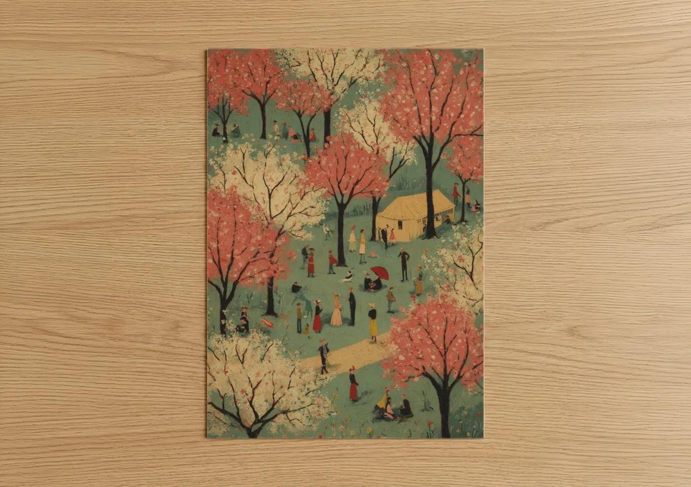 Spring art print on warm oak wood — red and green palette — Cherry Blossom Festival poster