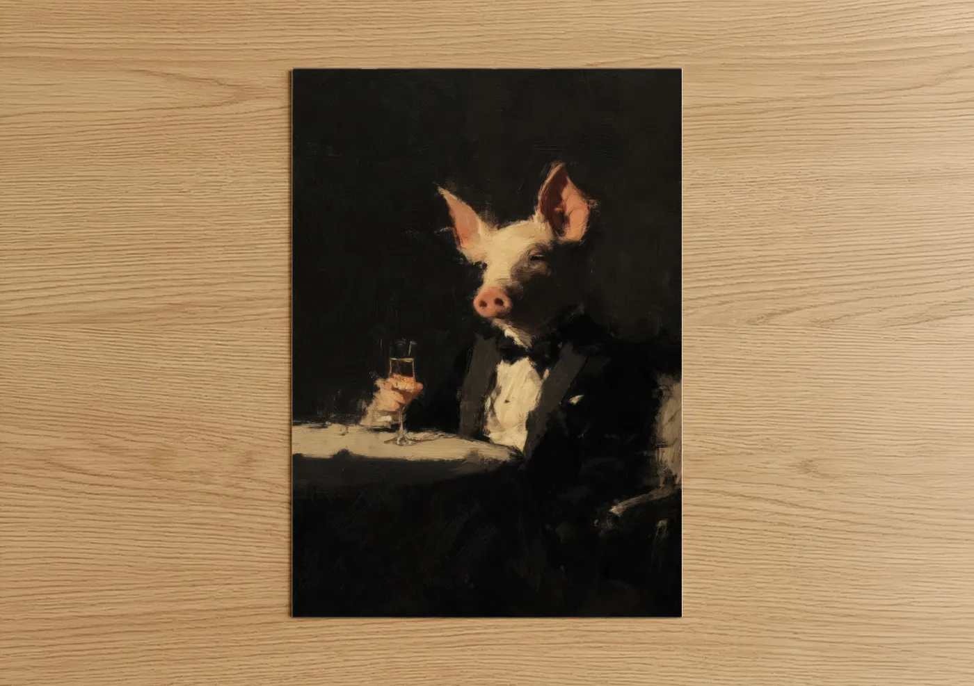 Art print on warm oak wood — black and white and gold palette — Tuxedo Pig Portrait poster