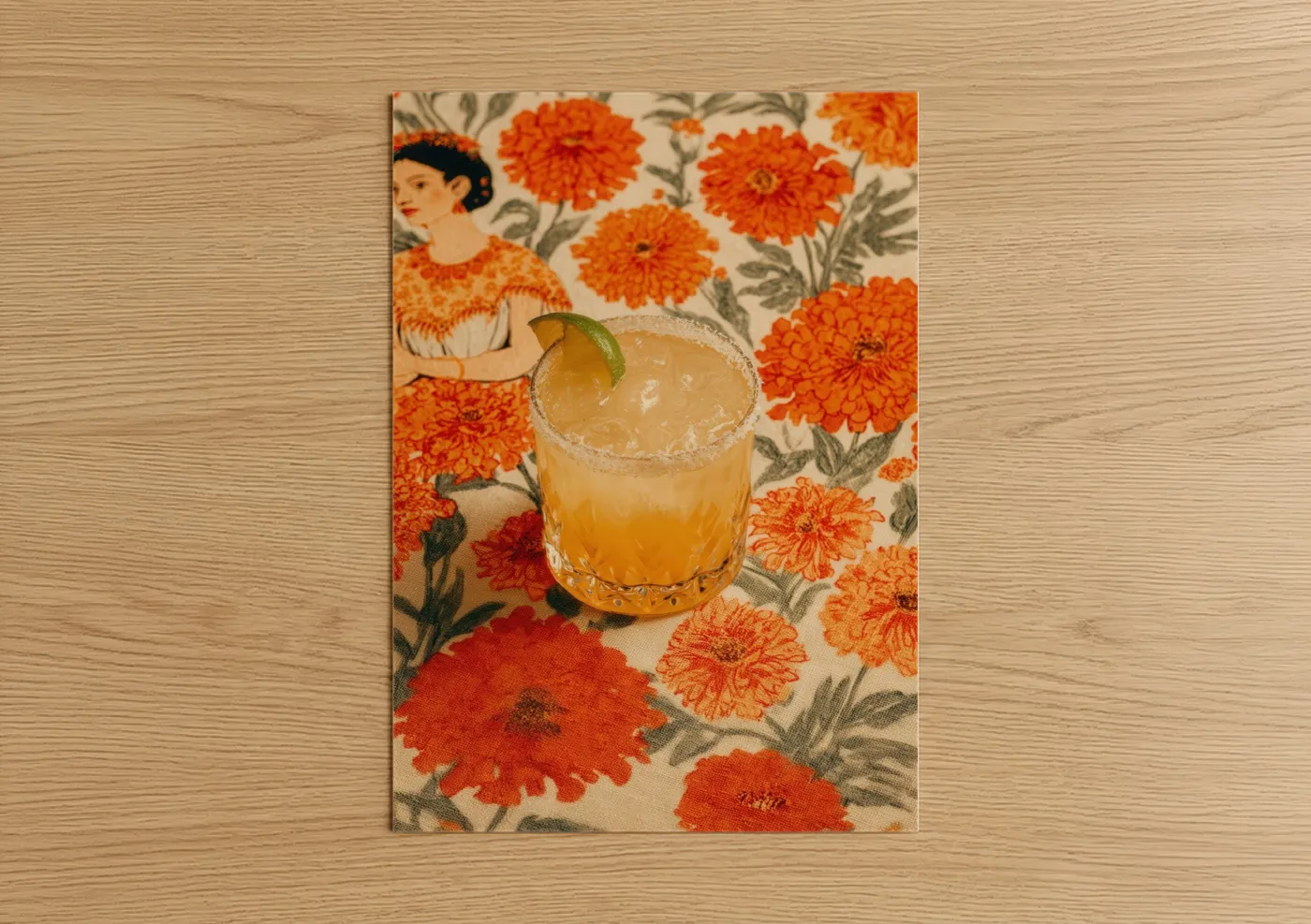 Art print on warm oak wood — orange and cream palette — Citrus Cocktail Hour poster