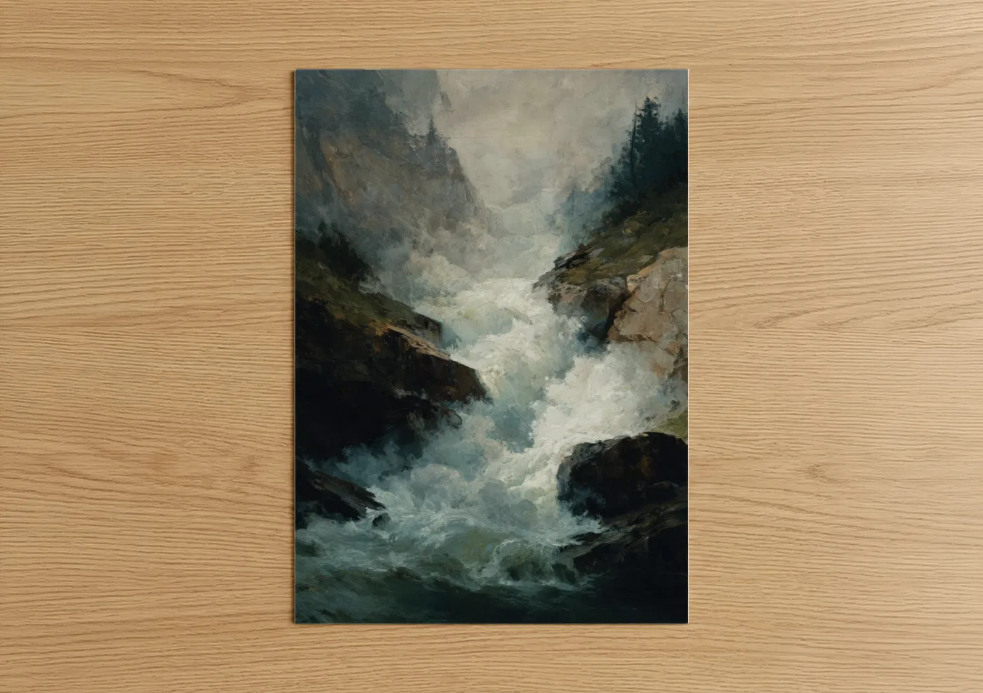 Mountain Waterfall Mist Landscape Painting Wall Art