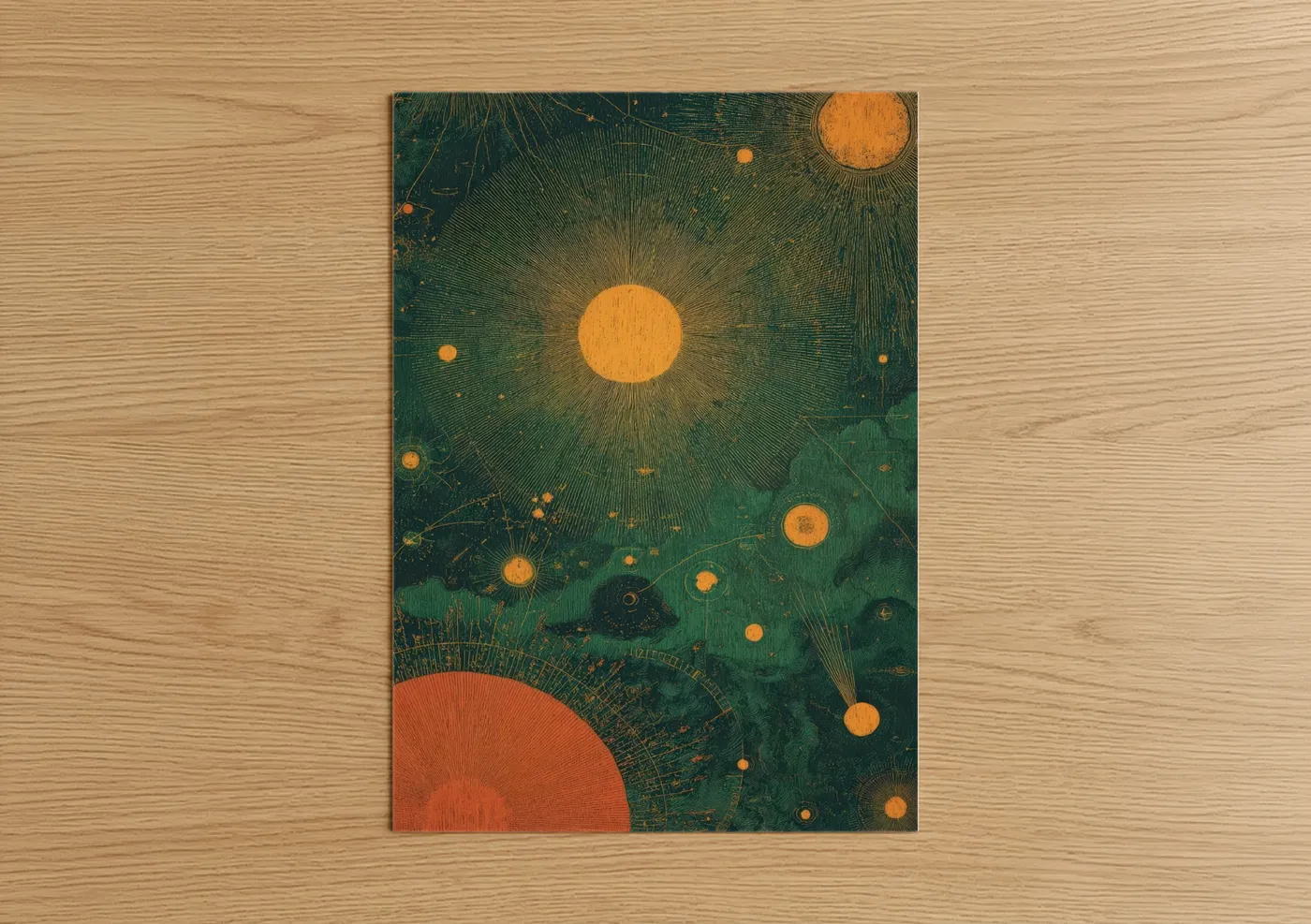 Galaxy art print on warm oak wood — dark green and gold palette — Cosmic Garden poster