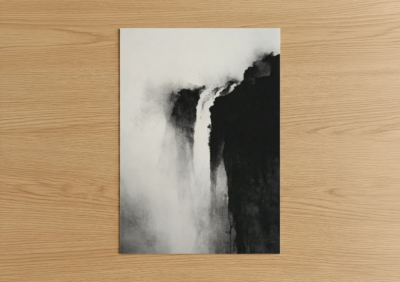 Art print on warm oak wood — black and white palette — Misty Waterfall poster
