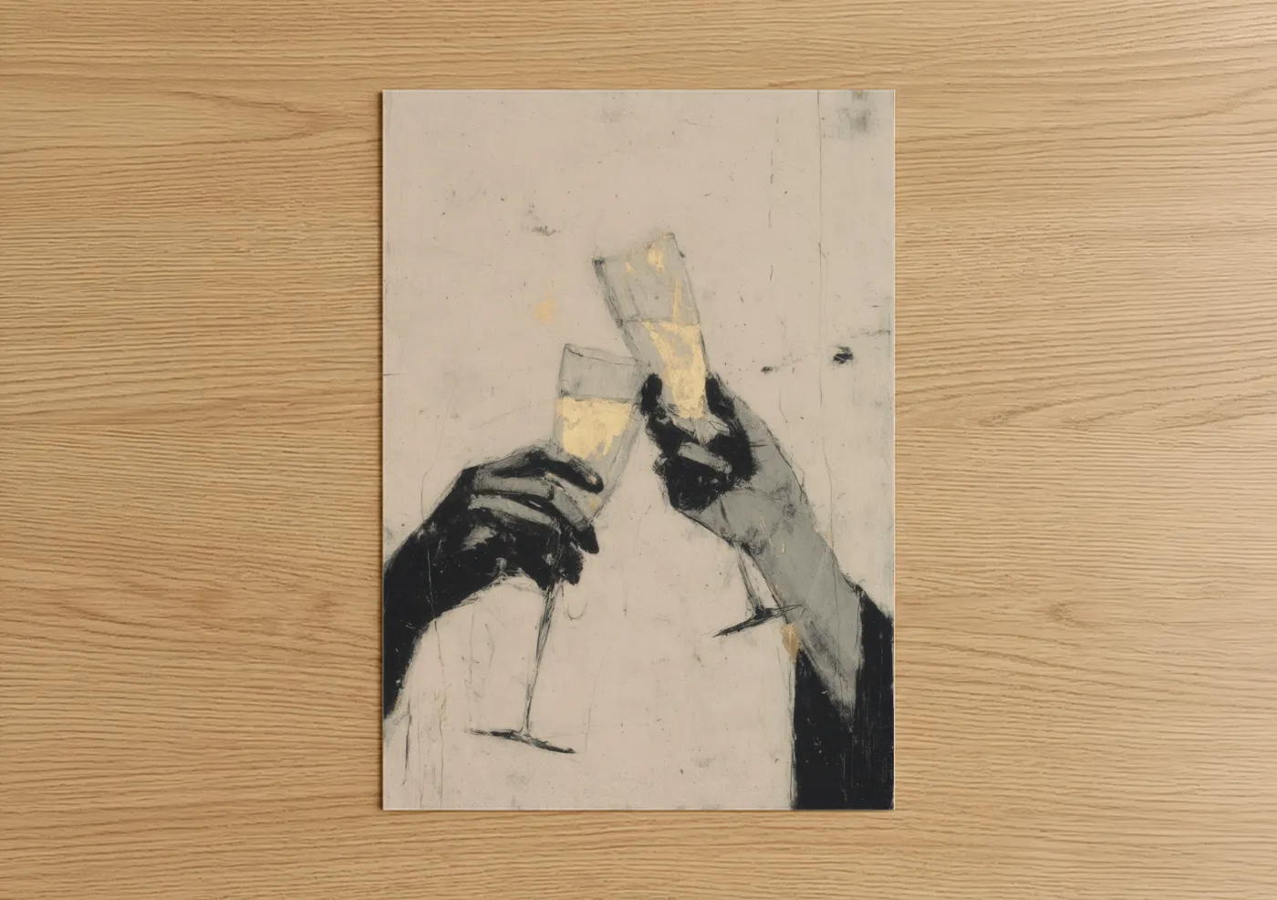 New years eve art print on warm oak wood — cream and gold and white palette — Champagne Toast poster
