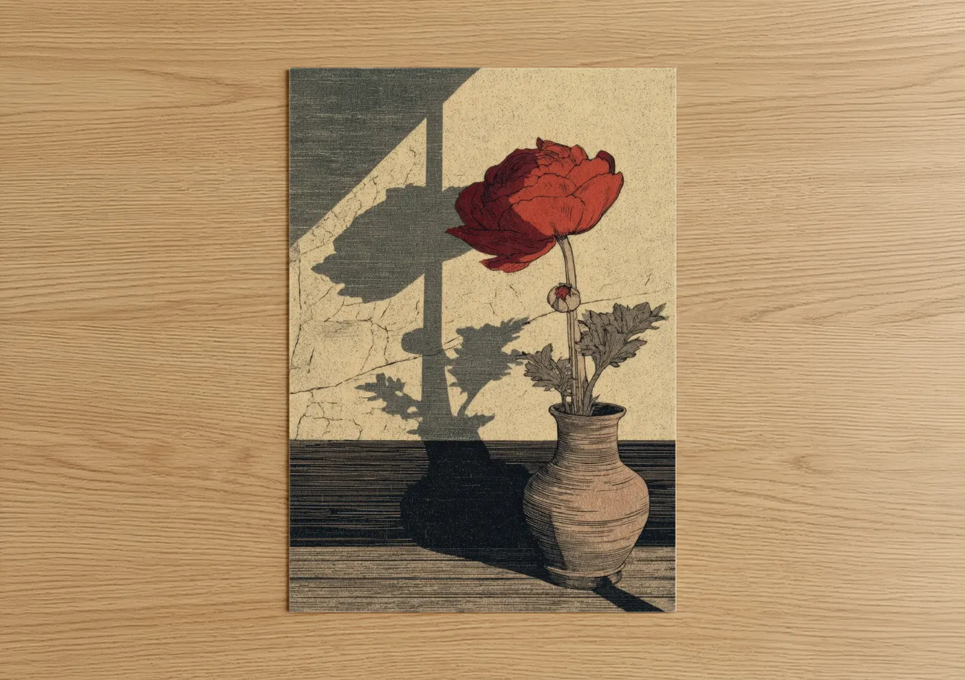 Art print on warm oak wood — cream and maroon palette — Crimson Ranunculus Shadow poster