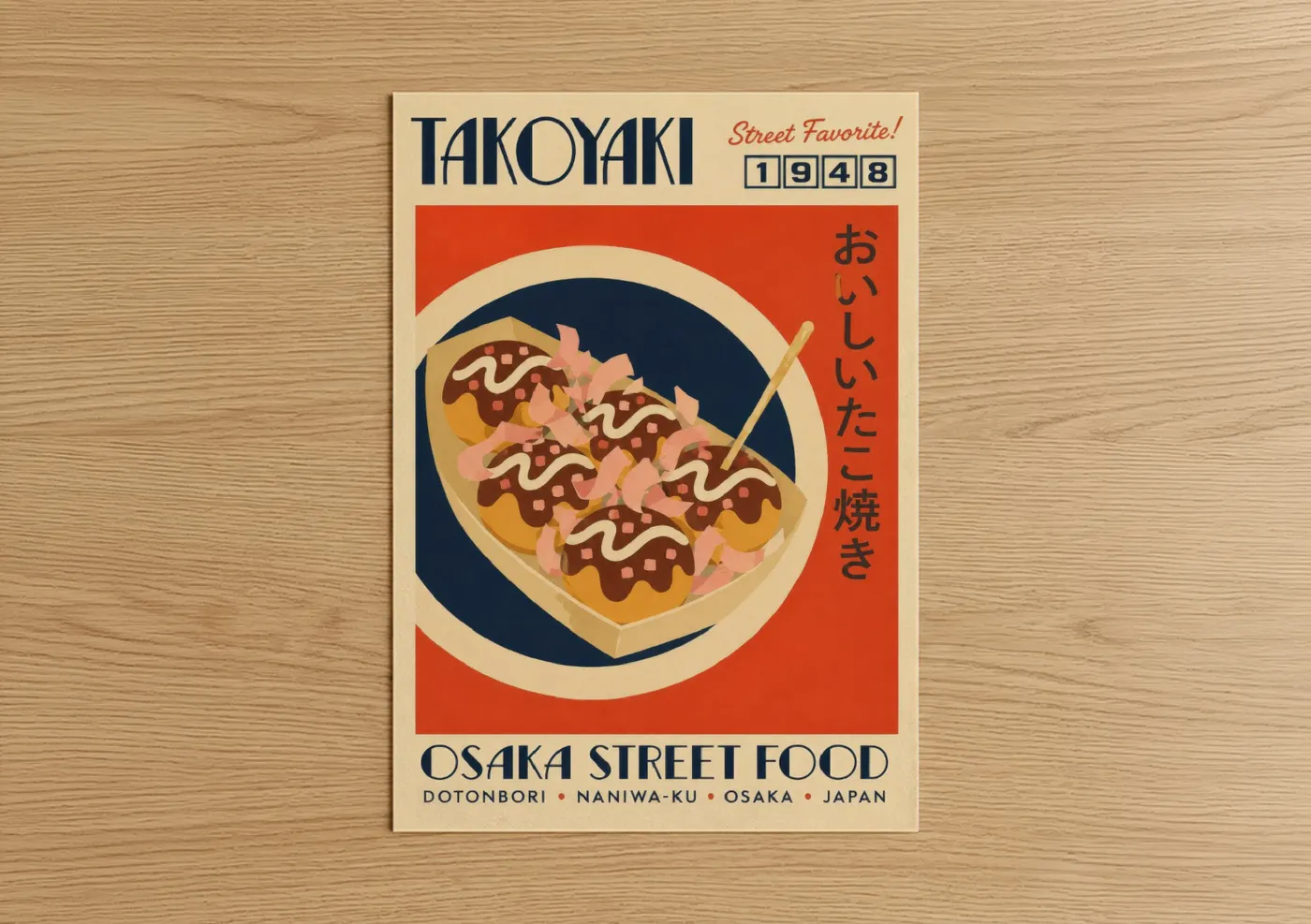 Fast food art print on warm oak wood — red and cream palette — Takoyaki Street Food Vintage Wall Art poster