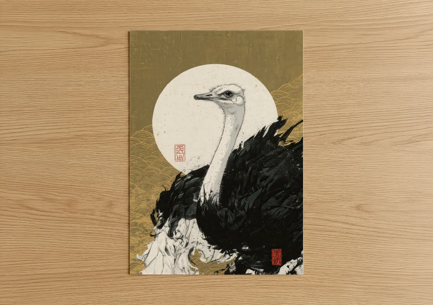 Moonlit Ostrich Japanese Art Print Wall Art