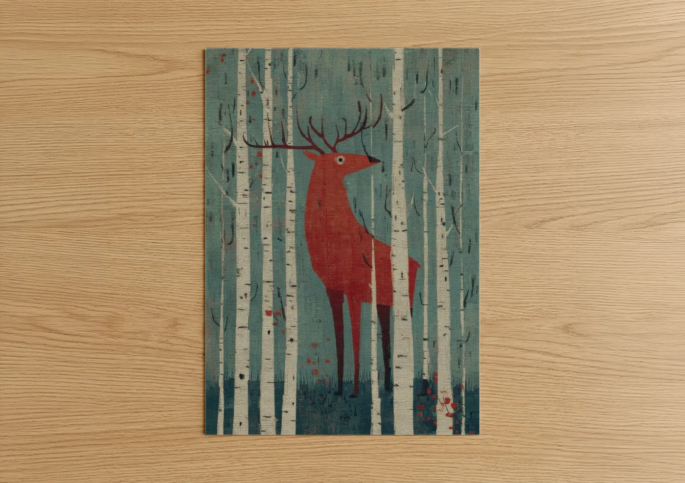 Red Elk Birch Forest Illustration Wall Art