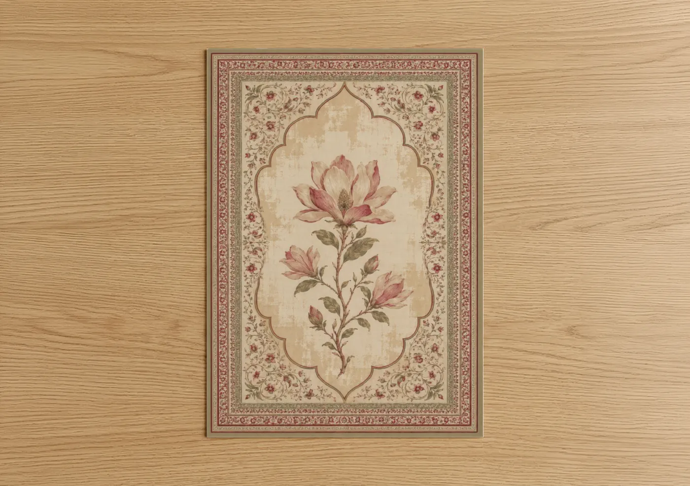 Art print on warm oak wood — beige and rose gold palette — Lotus Botanical Ornate Border Wall Art poster