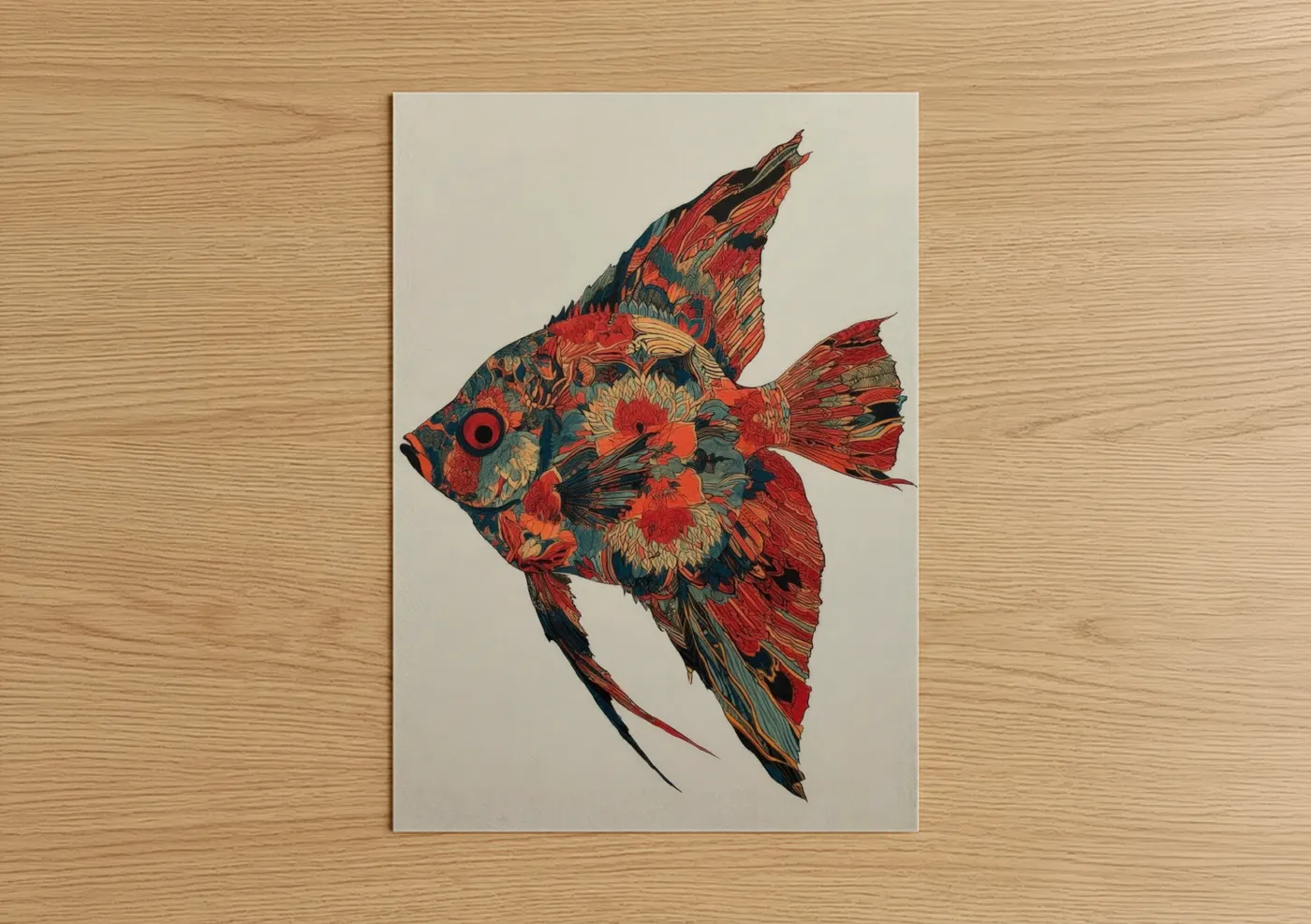 Art print on warm oak wood — red and dark blue palette — Crimson Angel Fish poster