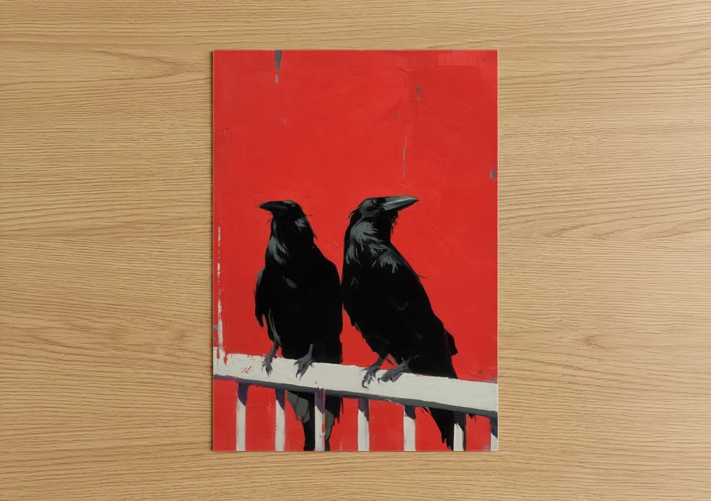 Crows and ravens art print on warm oak wood — red and black and white palette — Crimson Pair poster