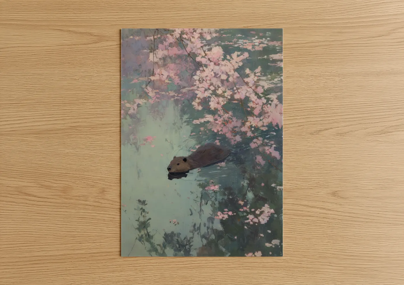 Art print on warm oak wood — pink and sage green palette — Cherry Blossom Beaver poster