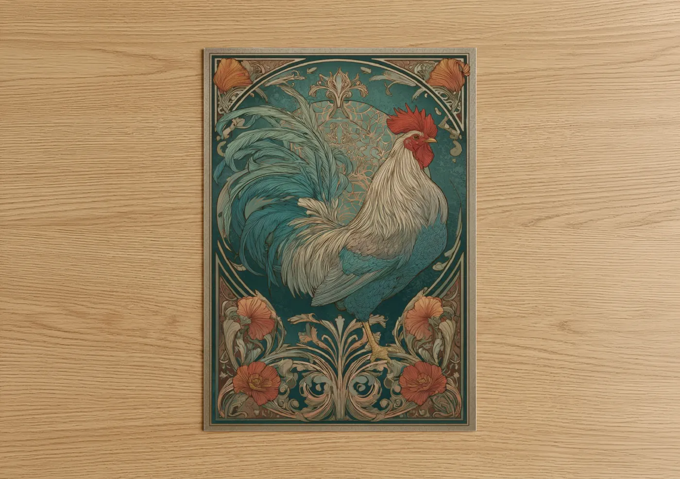 Chicken and roosters art print on warm oak wood — teal and gold palette — Ornamental Rooster poster