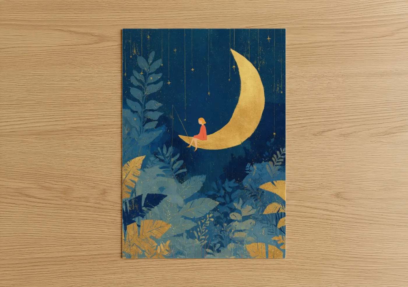 Art for girl art print on warm oak wood — dark blue and yellow gold palette — Moonlit Dreams poster