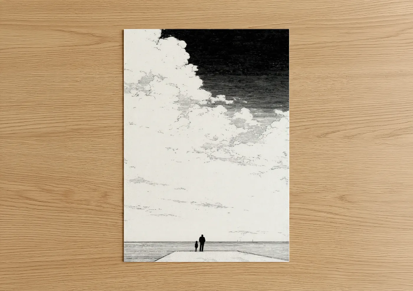 Father's day art print on warm oak wood — black and white palette — Waterfront Bond poster