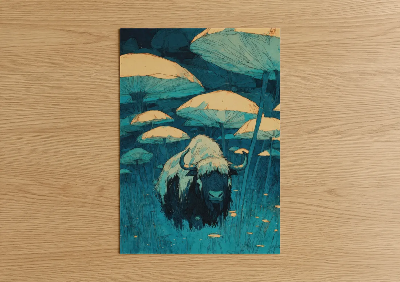 Golden Yak Mushroom Forest Illustration Wall Art