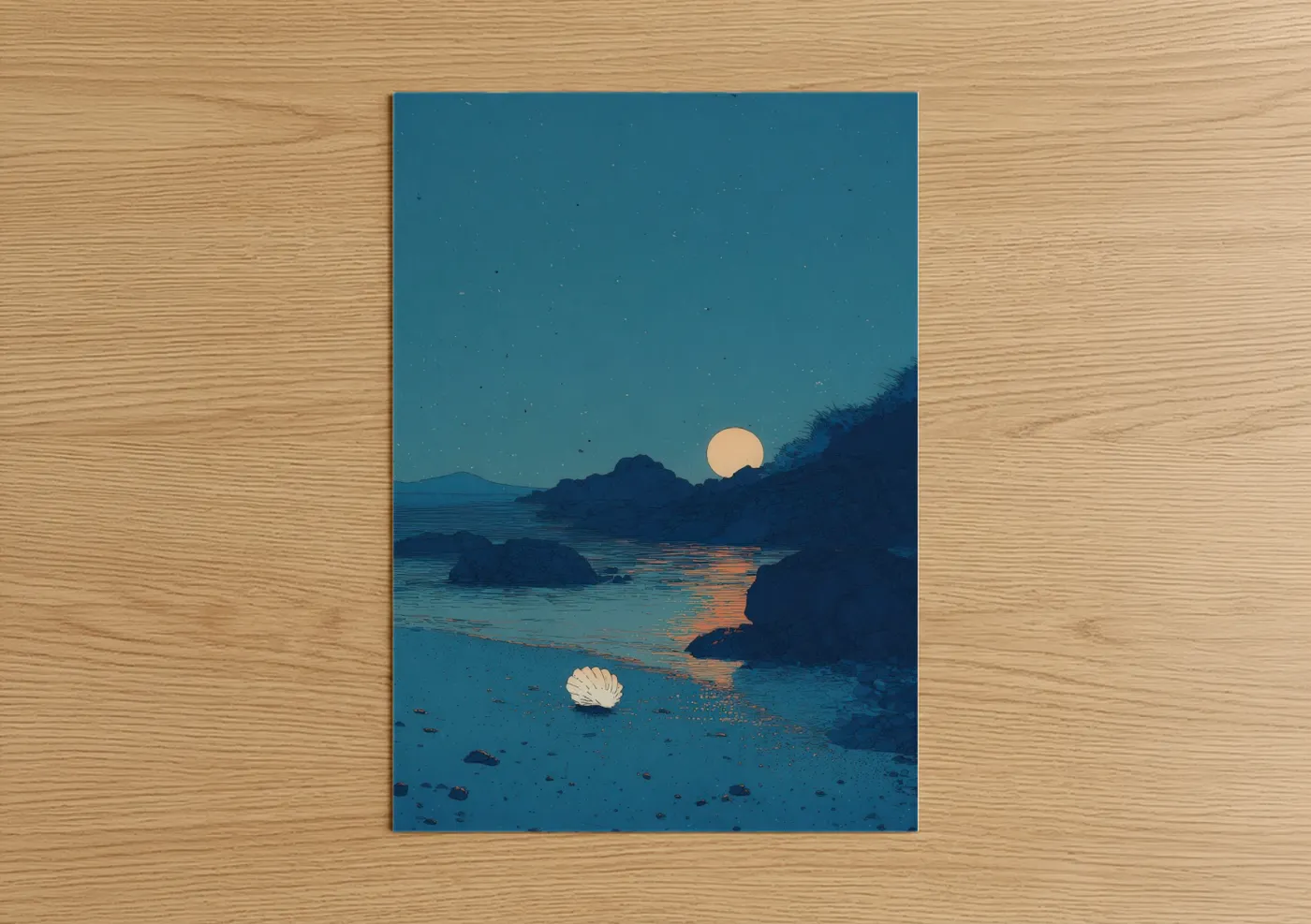 Moonlit Seashell Beach Illustration Wall Art