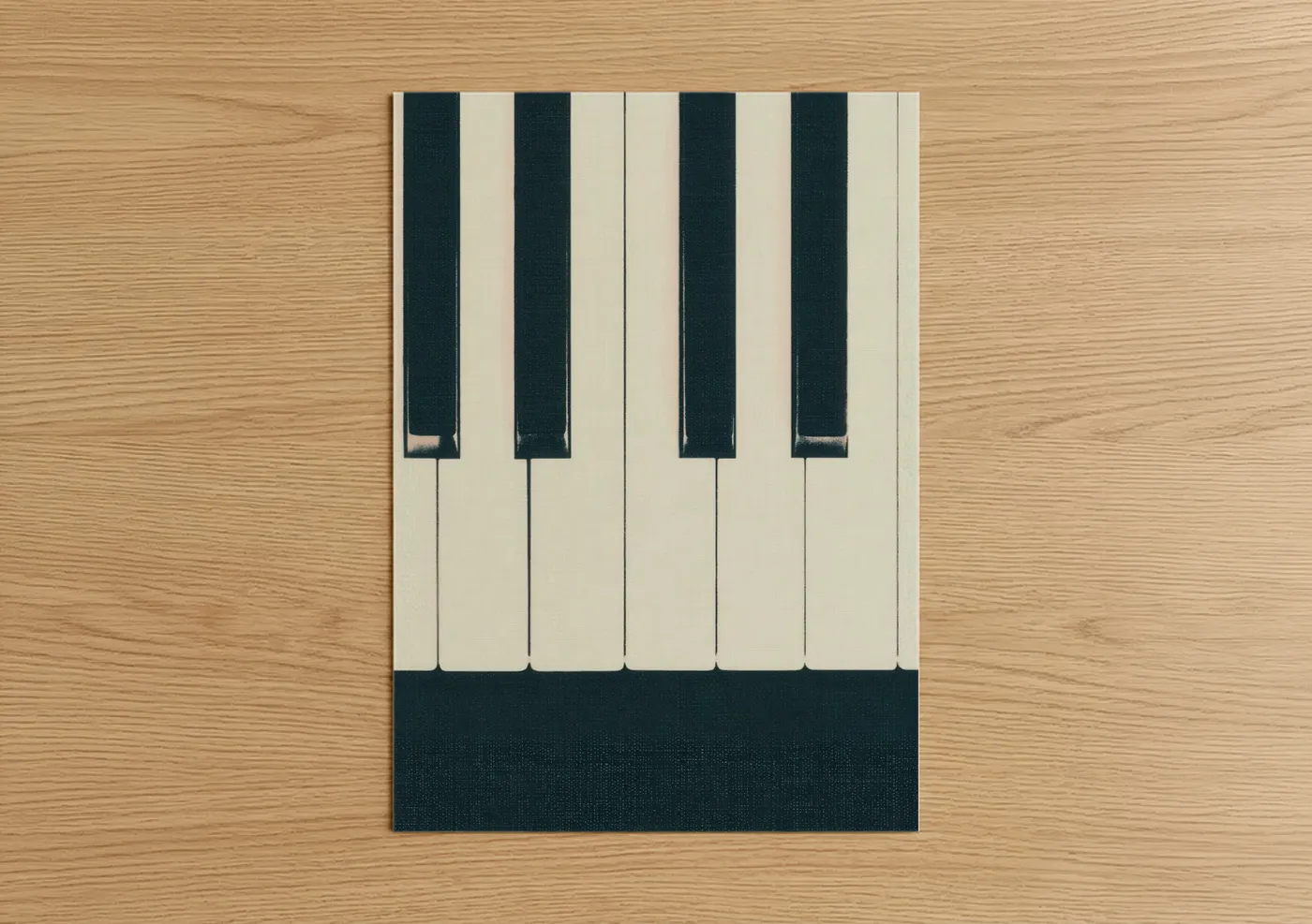 Keyboard art print on warm oak wood — black and white and dove gray palette — Minimalist Piano Keys poster