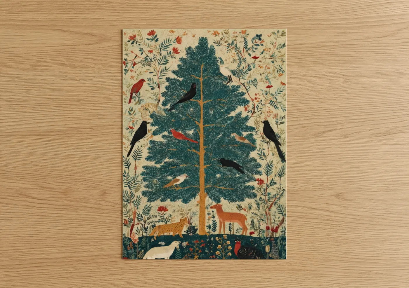Art print on warm oak wood — teal and gold palette — Wildlife Cedar Tree poster