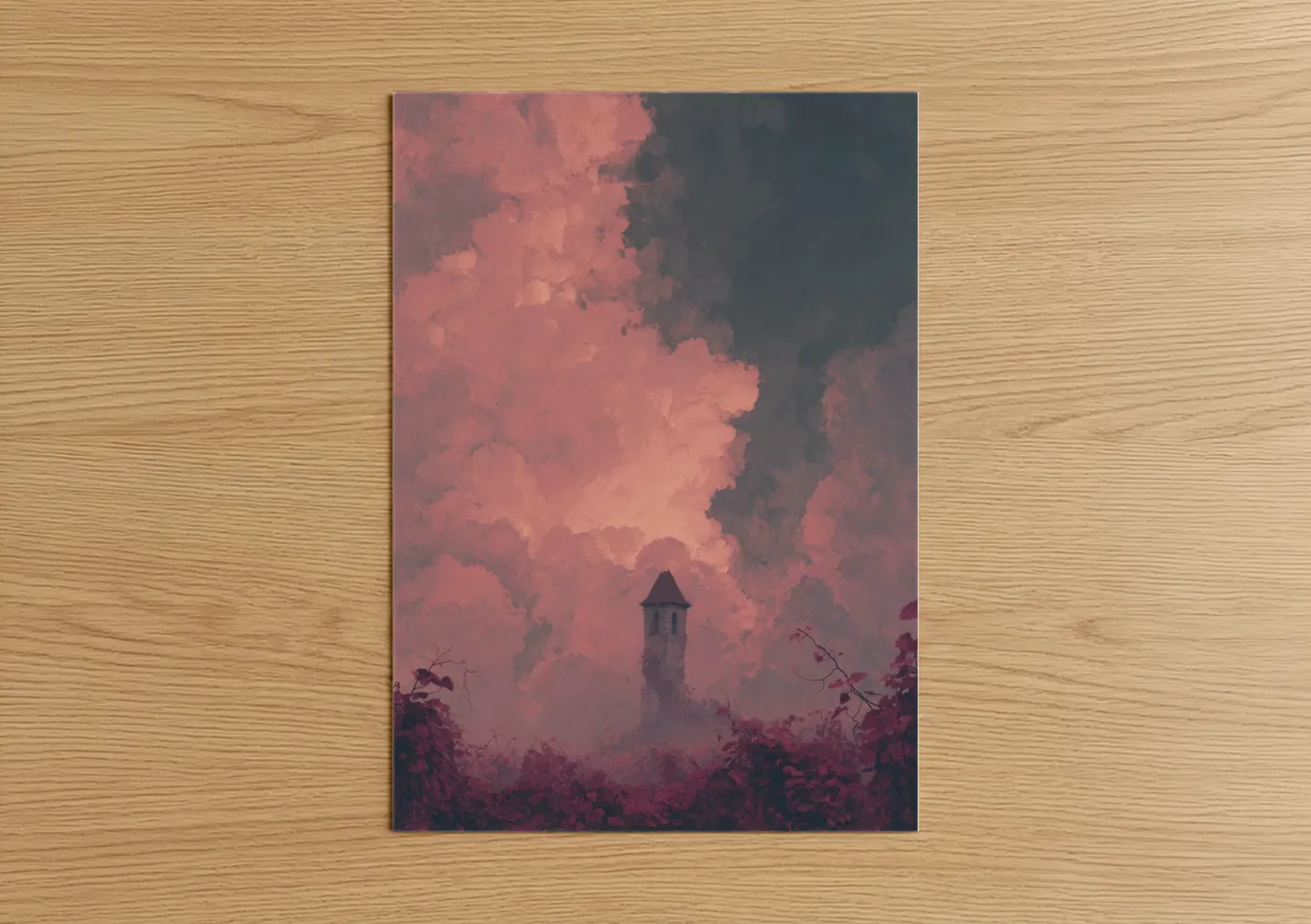 Misty Tower Dawn Clouds Pink Wall Art