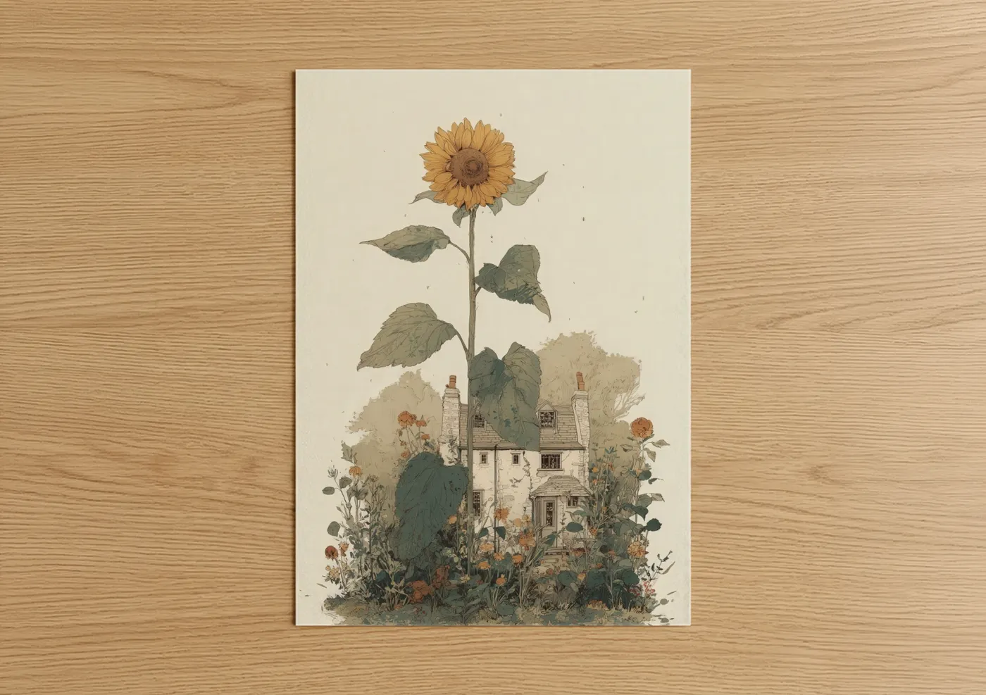 Golden Sunflower Cottage Illustration Wall Art