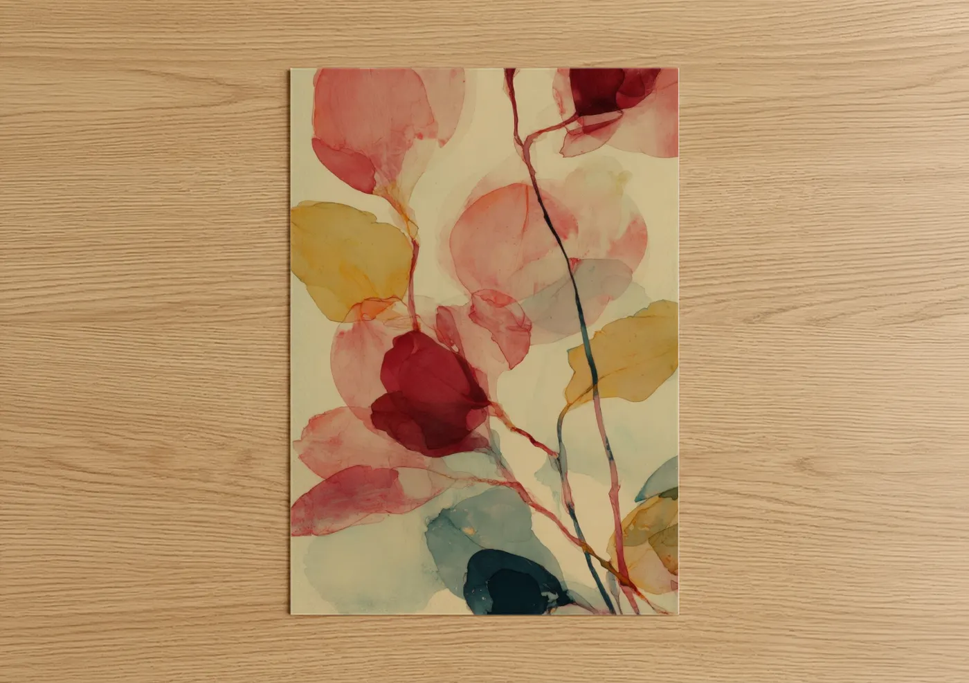 Art print on warm oak wood — rose gold and cream palette — Crimson Dogwood poster