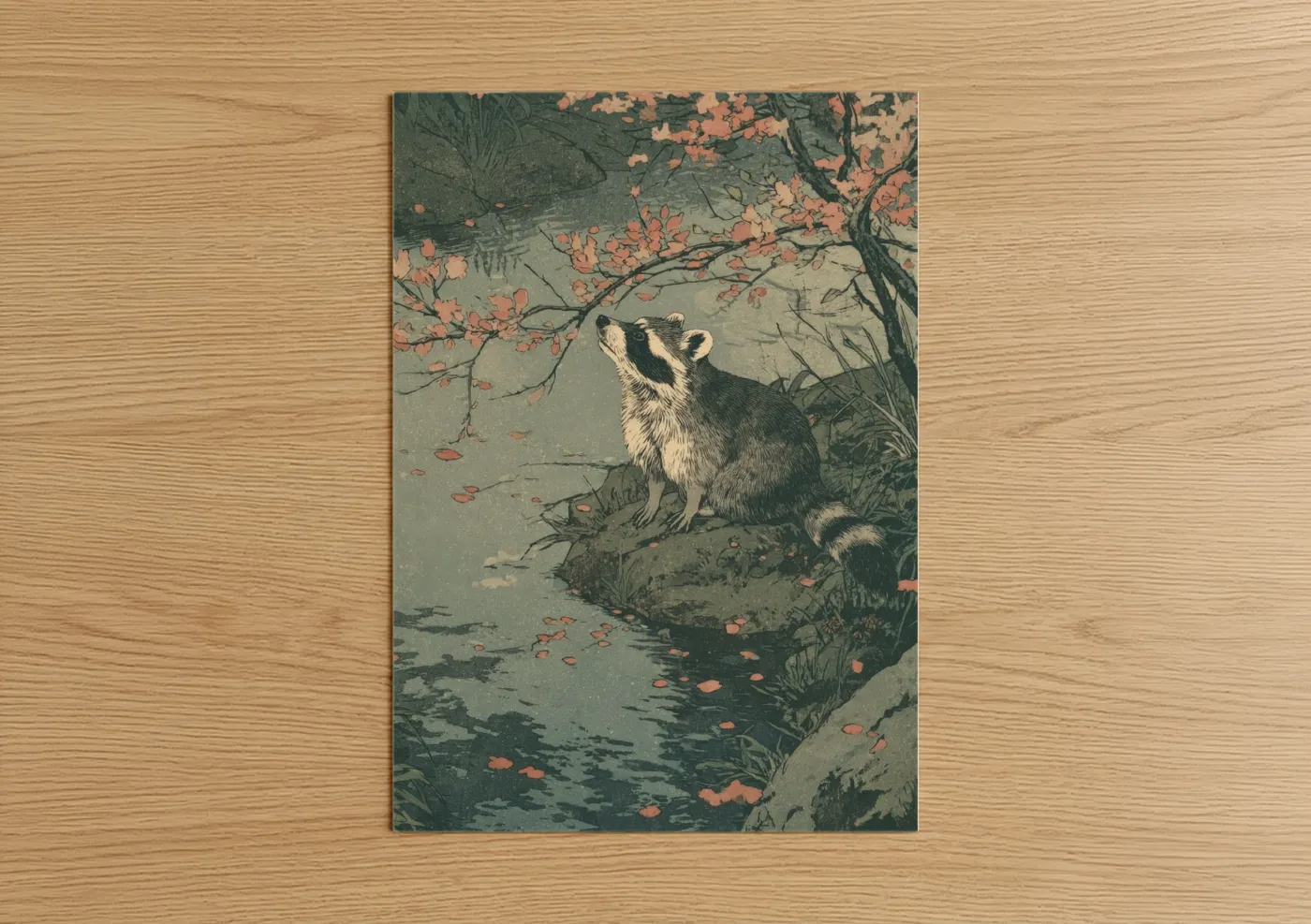 Autumn Raccoon Japanese Woodblock Wall Art