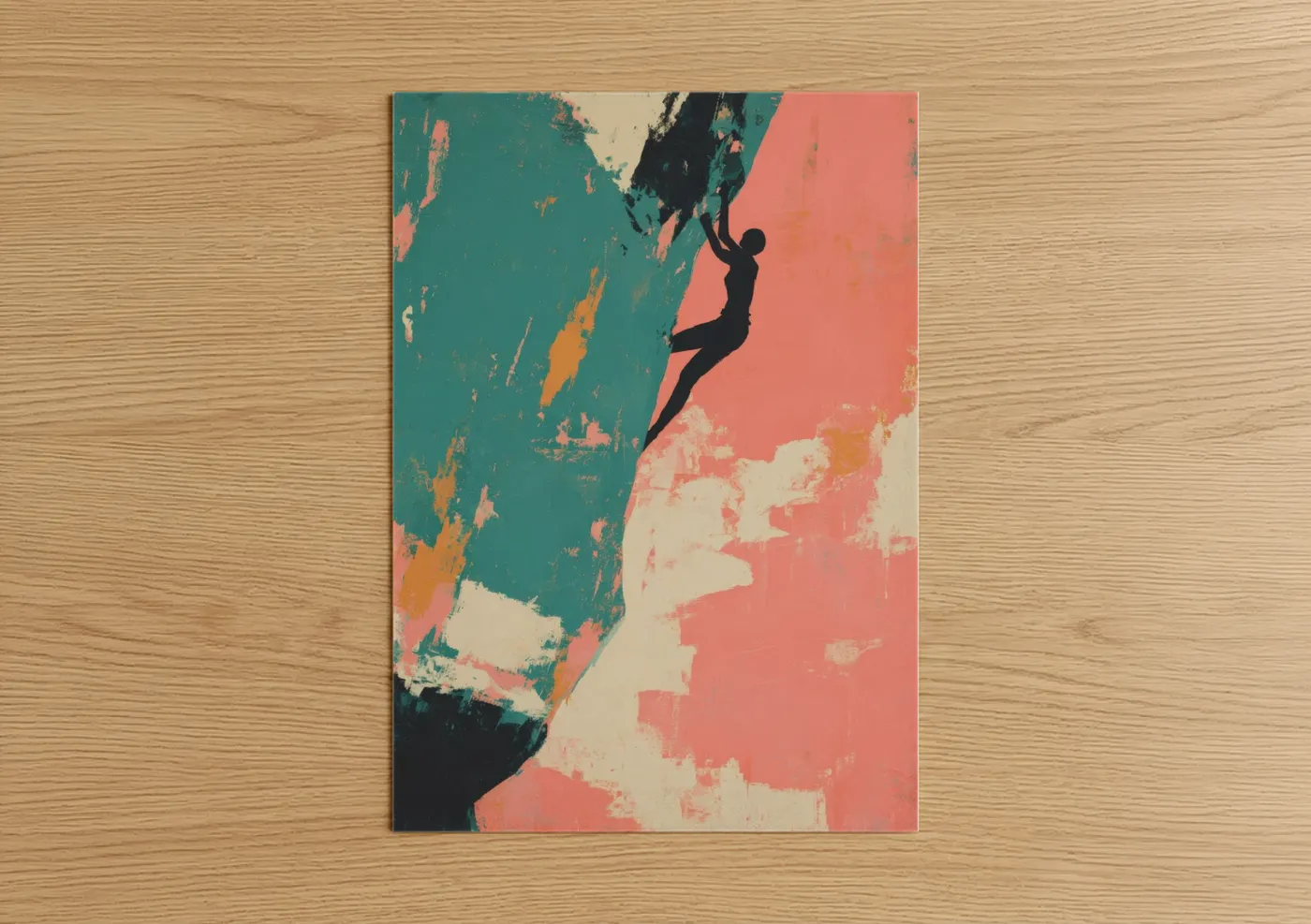 Rock climbing art print on warm oak wood — teal and salmon pink palette — Bold Climber poster