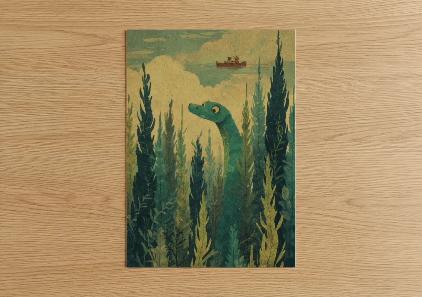 Loch ness monster art print on warm oak wood — dark green and yellow gold palette — Loch Ness Enchantment poster