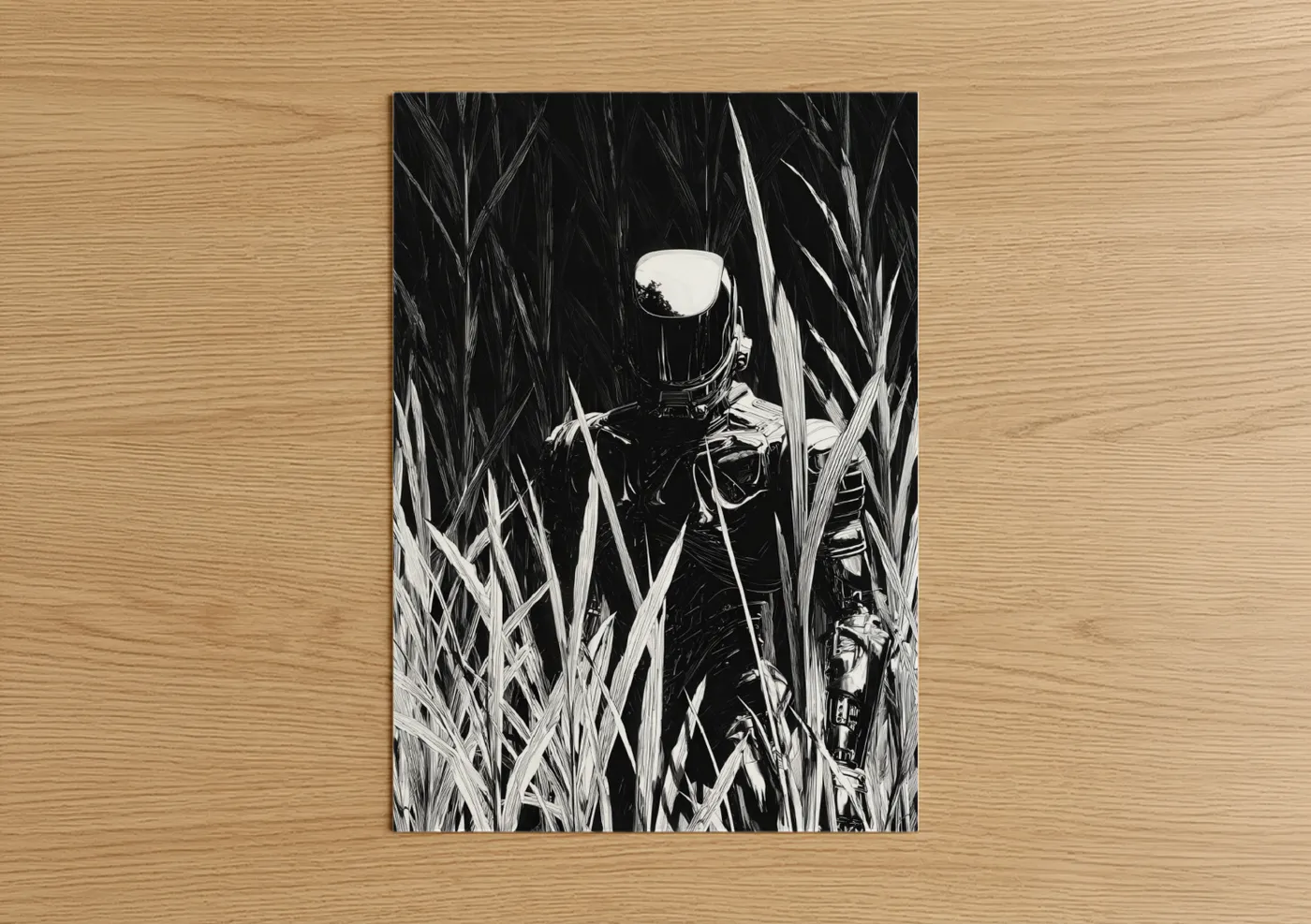 Alien Figure Tall Grass Black White Wall Art