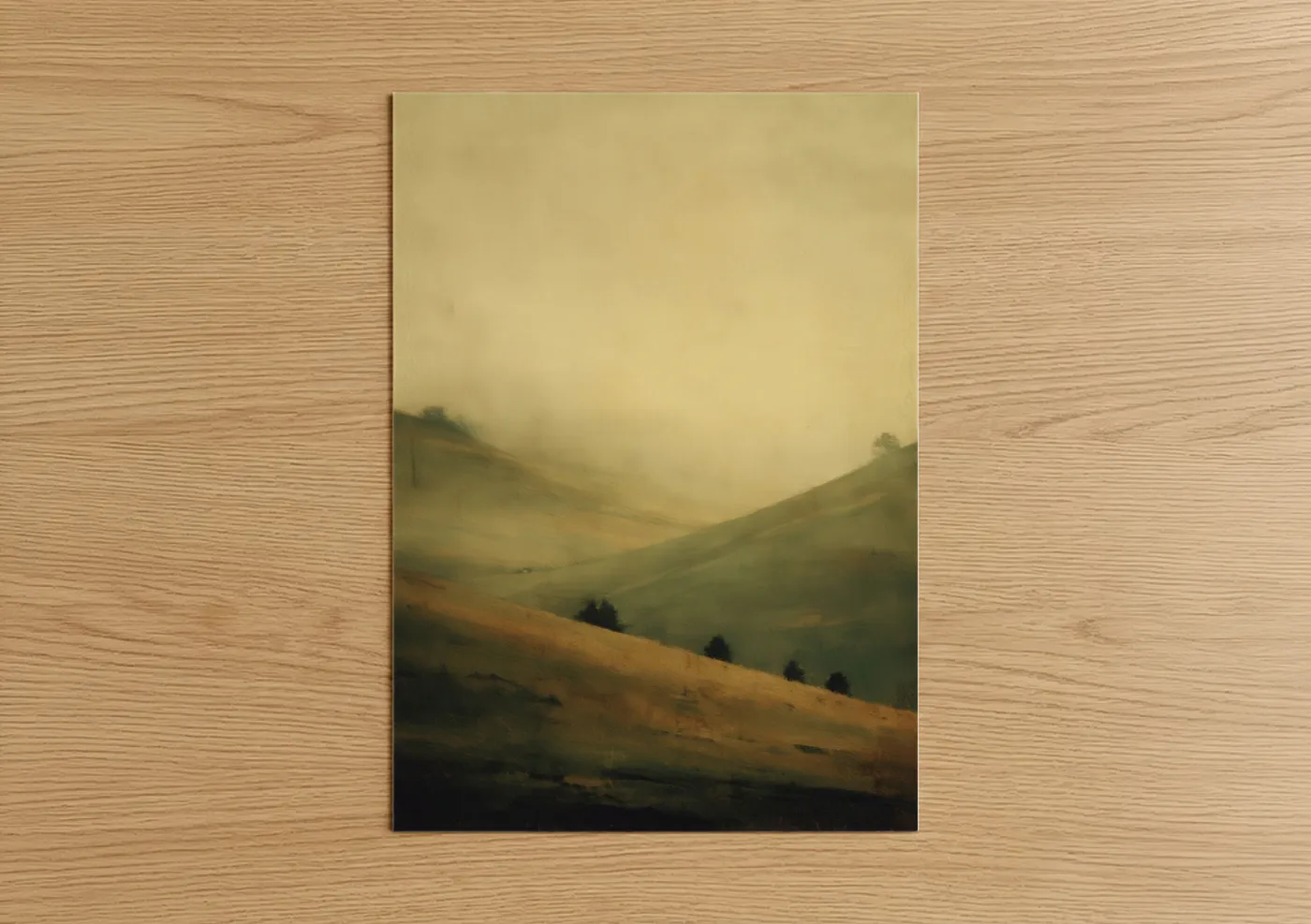 Green field art print on warm oak wood — beige and sage green palette — Misty Valley Landscape poster