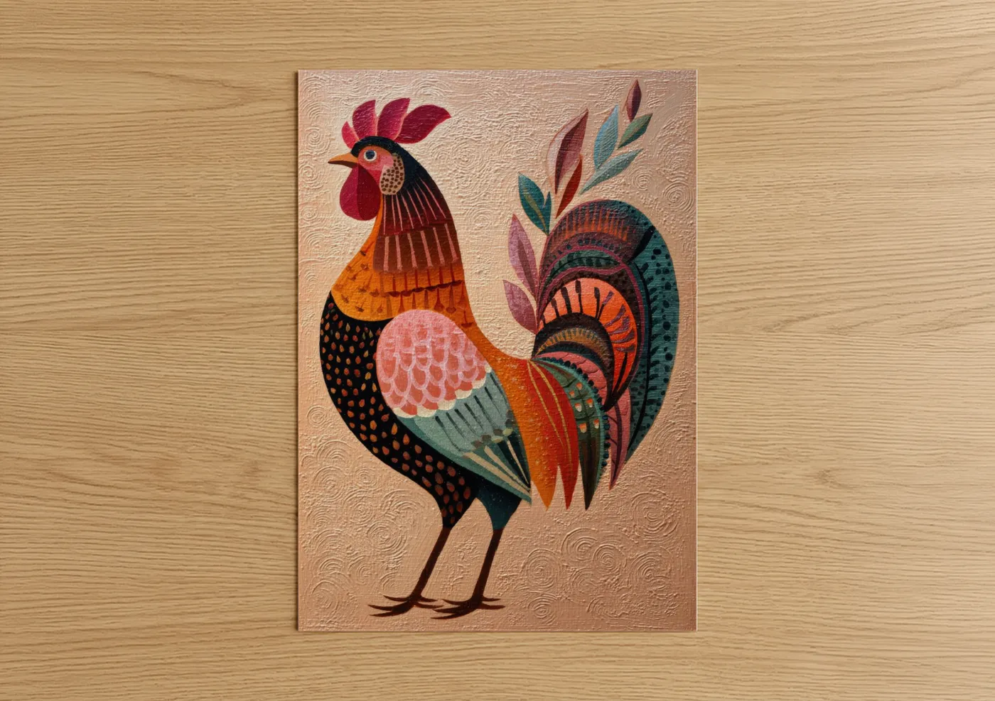 Chicken and roosters art print on warm oak wood — red and teal palette — Colorful Rooster poster