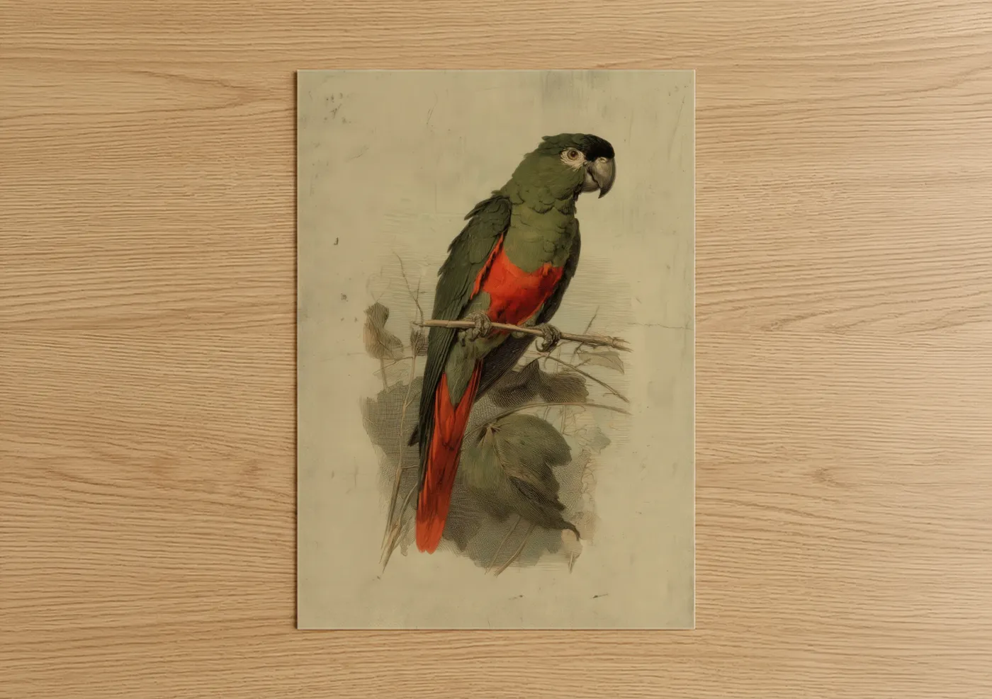 Safari parrots art print on warm oak wood — green and red palette — Crimson Macaw Portrait poster