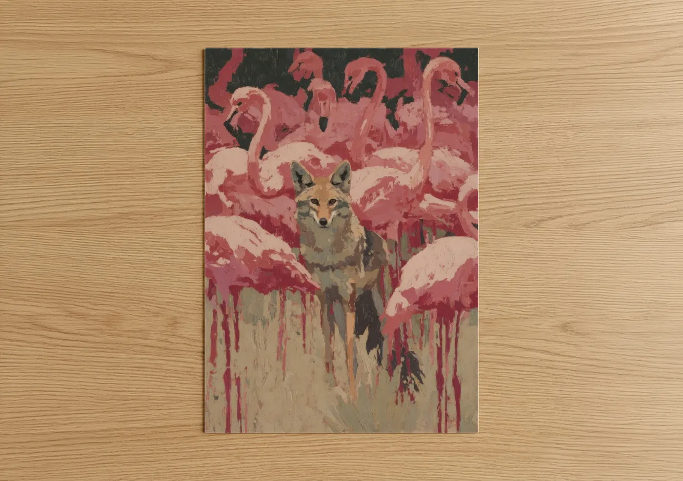 Art print on warm oak wood — salmon pink and gold palette — Flamingo Coyote poster