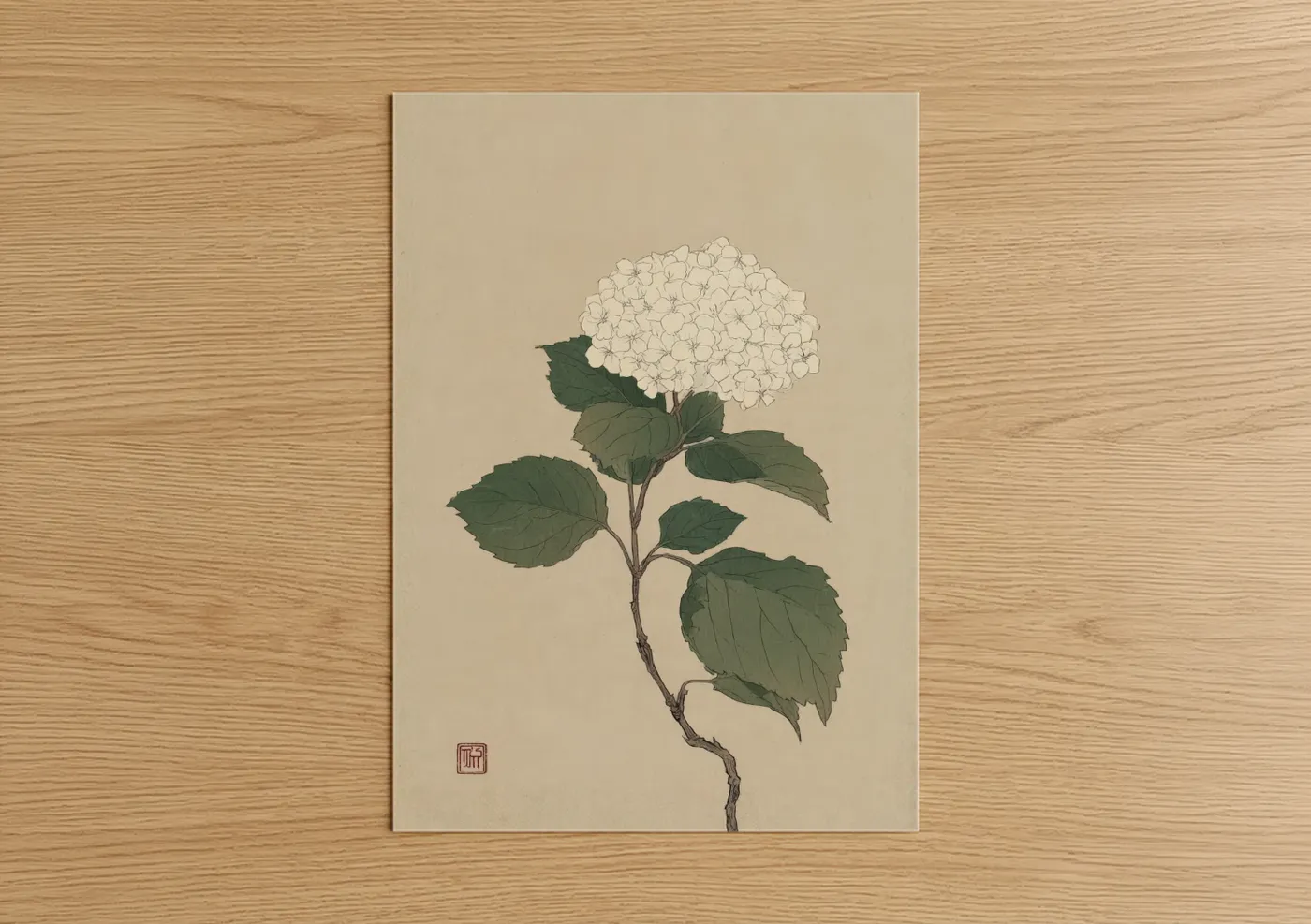 Art print on warm oak wood — cream and dark green palette — Cream Hydrangea poster