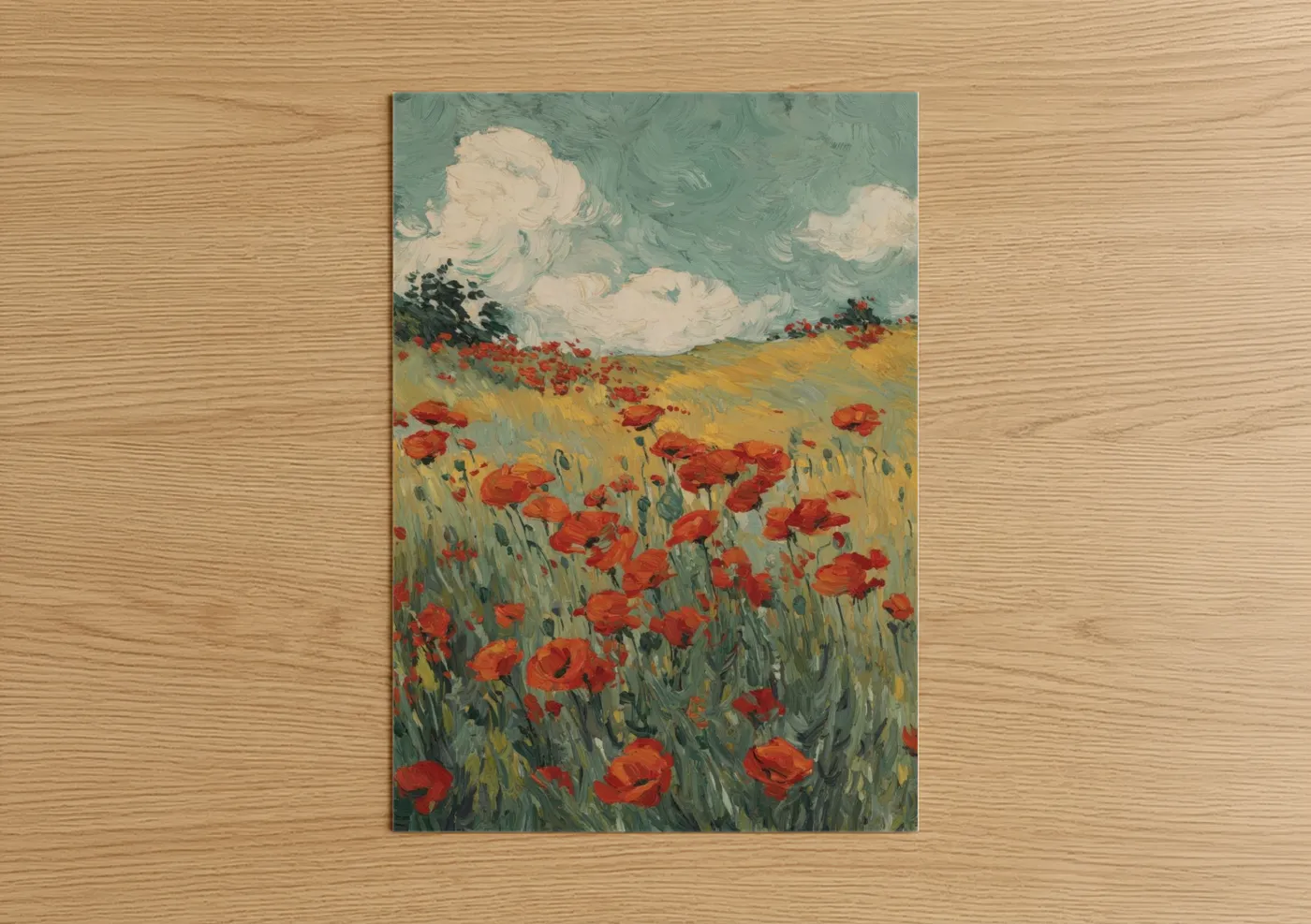 Poppies art print on warm oak wood — red and gold palette — Scarlet Poppy Field poster