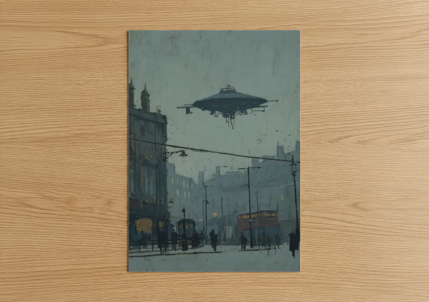 Art print on warm oak wood — gray and dove gray palette — Urban UFO Invasion poster