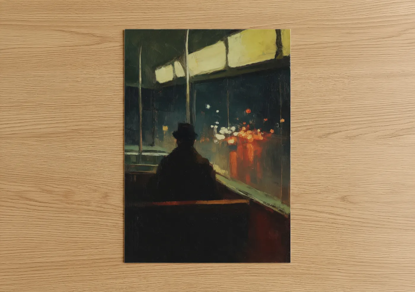 Art print on warm oak wood — yellow gold and black palette — Nocturnal Bus Passenger poster