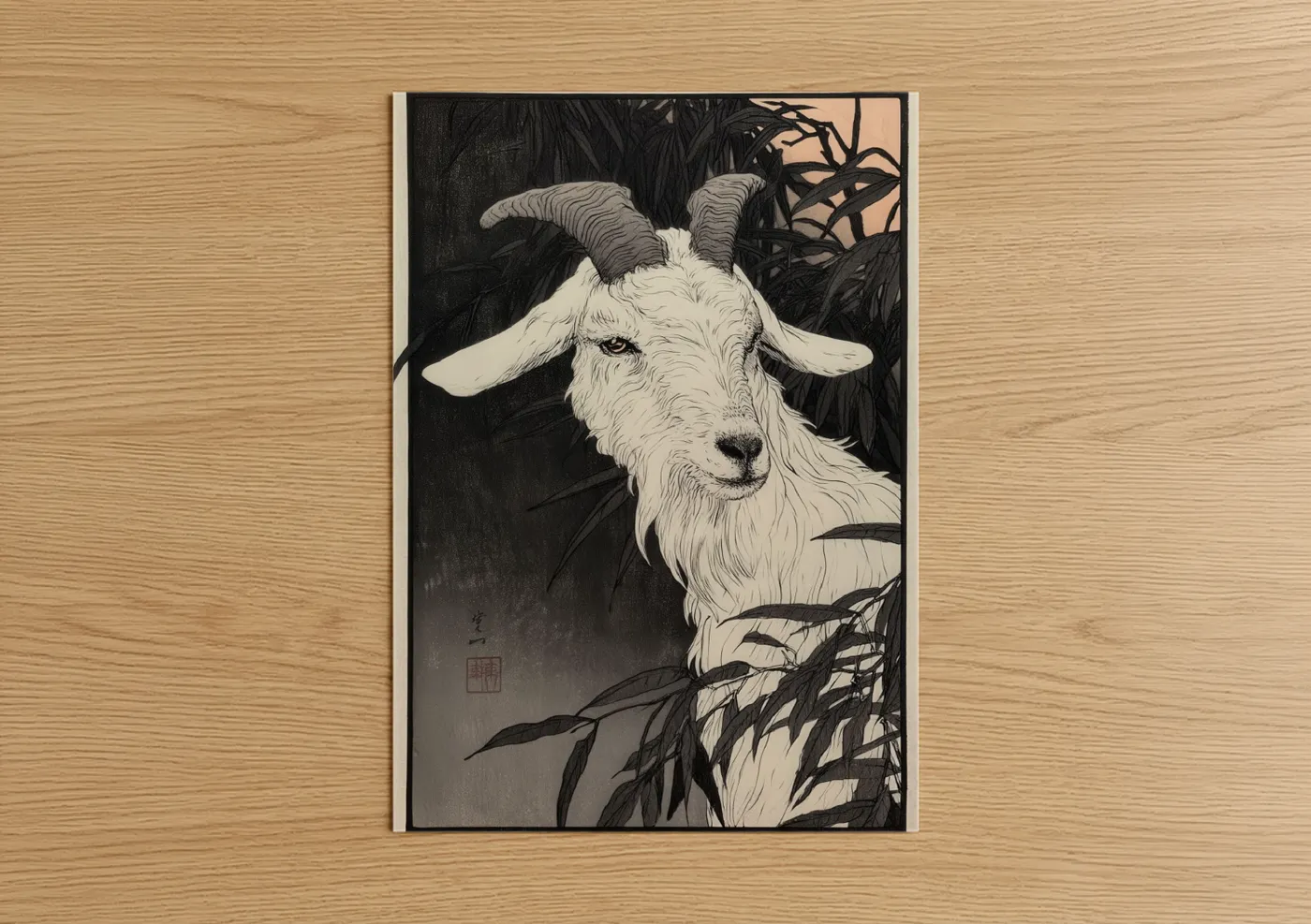 Art print on warm oak wood — black and white palette — Alpine Goat poster