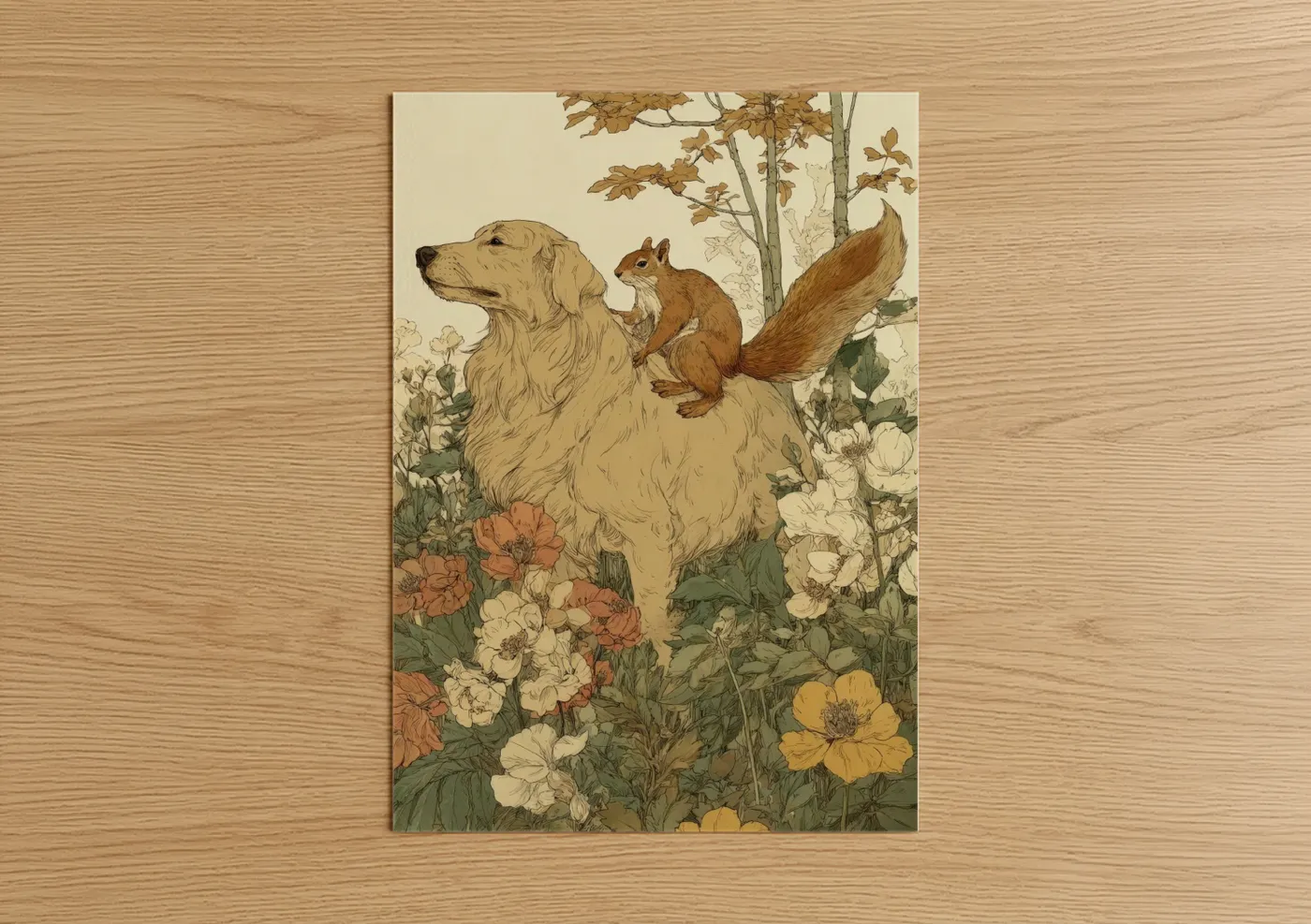 Horseback art print on warm oak wood — cream and olive palette — Garden Companion poster