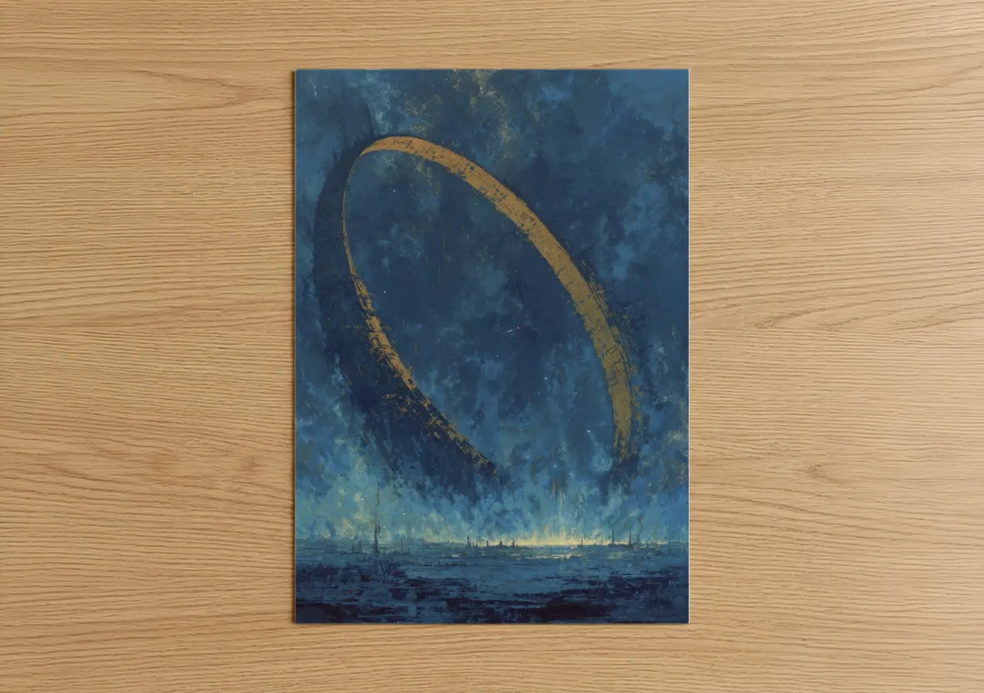 Sci-fi art print on warm oak wood — dark blue and gold palette — Cosmic Gateway poster