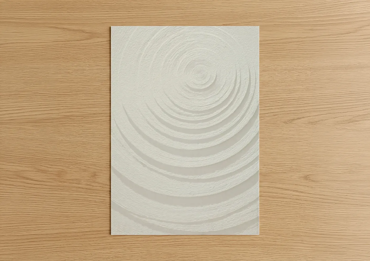 Abstract minimalist art print on warm oak wood — white and gray palette — Concentric Serenity poster